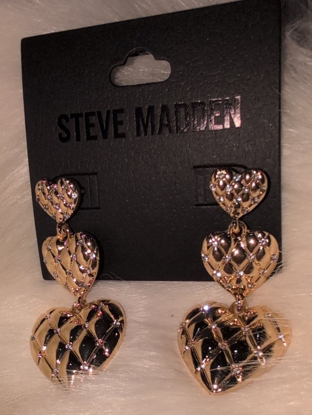 Steve Madden Gold Quilted Triple Heart Drop Earrings